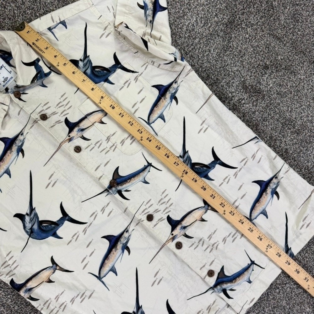 Guy Harvey AFTCO Bluewater Marlin Fish Button Up Shirt Mens Medium Short Sleeve - Picture 10 of 12
